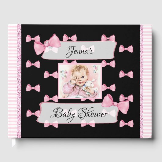 Personalisiertes Babydusche Gästebuch Rosa Schwarz (Vorderseite)
