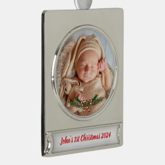 Personalisiertes Baby's 1. Weihnachten mit Foto Banner-Ornament Silber (Rechts)