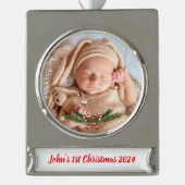 Personalisiertes Baby's 1. Weihnachten mit Foto Banner-Ornament Silber (Vorderseite)