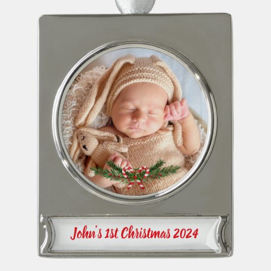 Personalisiertes Baby's 1. Weihnachten mit Foto Banner-Ornament Silber (Vorderseite)