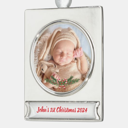 Personalisiertes Baby's 1. Weihnachten mit Foto Banner-Ornament Silber (Links)