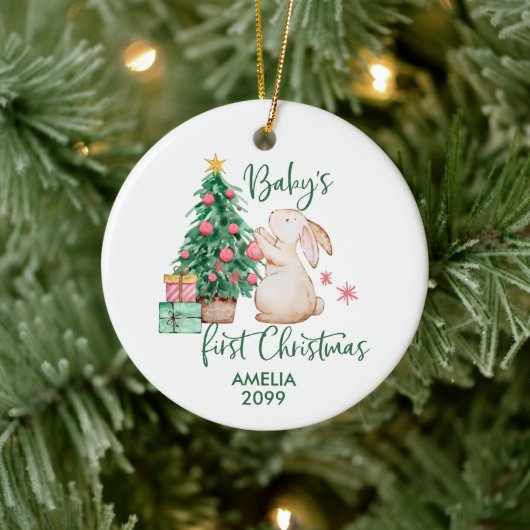 Personalisiertes Baby's First Christmas Bunny Orna Keramik Ornament (Baum)