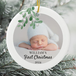 Personalisiertes Baby's First Christmas Foliage Fo Keramik Ornament