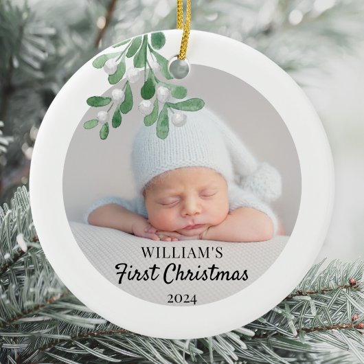 Personalisiertes Baby's First Christmas Foliage Fo Keramik Ornament