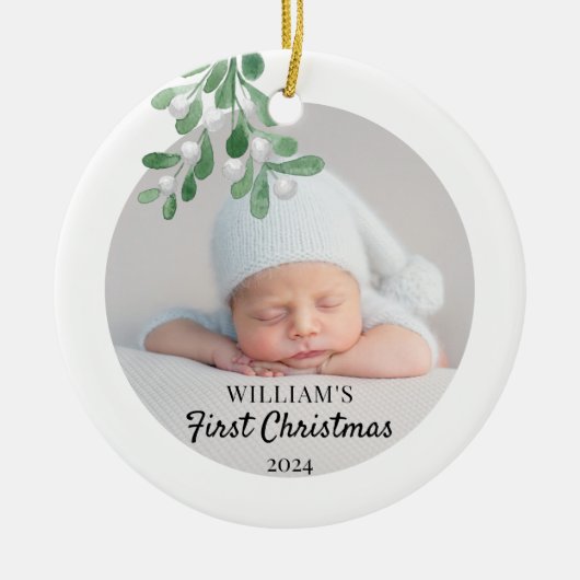 Personalisiertes Baby's First Christmas Foliage Fo Keramik Ornament (Vorne)