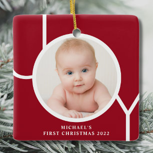 Personalisiertes Baby's First Christmas Red Foto Keramikornament