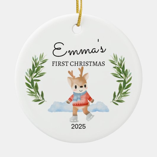 Personalisiertes Baby's First Christmas, Rentier-G Keramik Ornament (Vorne)