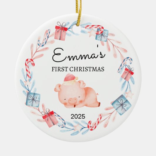 Personalisiertes Baby's First Christmas, Schweineg Keramik Ornament (Vorne)