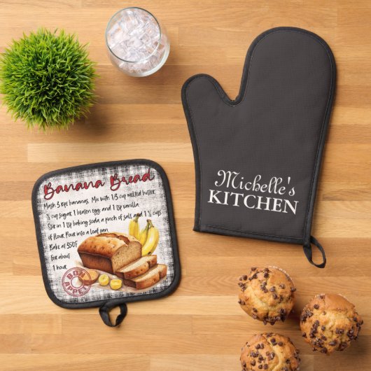 Personalisiertes Bananenbrot Backrezeptur Ofenhandschuh & Topflappen-Set (Oben Unten)