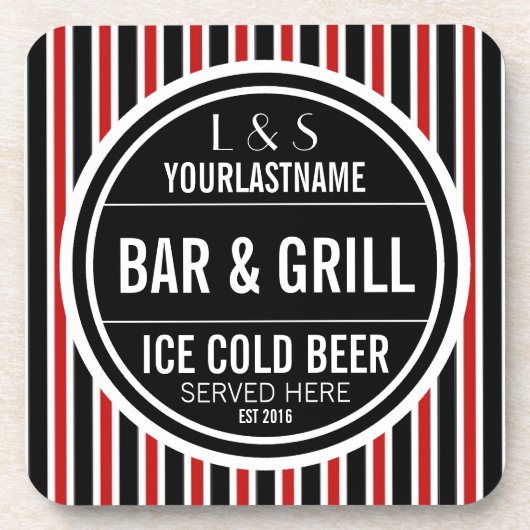 Personalisiertes Bar und Grill-Schwarz-weißes Rot Getränkeuntersetzer (Vorderseite)