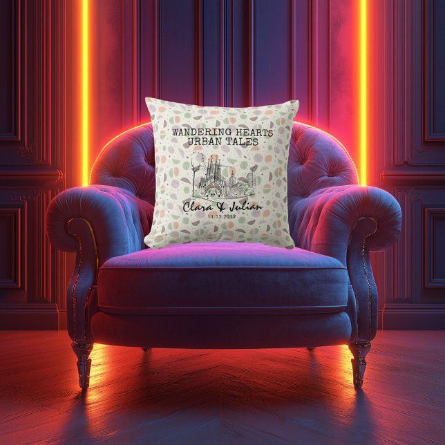 Personalisiertes Barcelona Skyline Leafy Dot Patte Kissen (Von Creator hochgeladen)