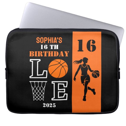 Personalisiertes Basketballspielermädchen, Geburts Laptopschutzhülle (Vorderseite)