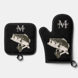 Personalisiertes Bass Fishing Monogramm im Freien  Ofenhandschuh & Topflappen-Set