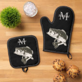 Personalisiertes Bass Fishing Monogramm im Freien Ofenhandschuh & Topflappen-Set (Oben Unten)