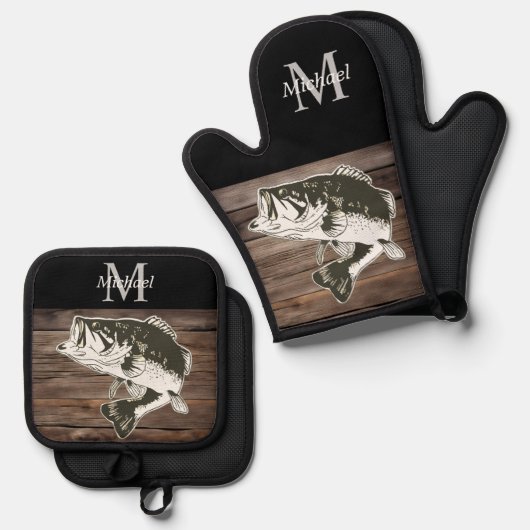 Personalisiertes Bass Fishing Monogramm im Freien Ofenhandschuh & Topflappen-Set (Vorderseite/Rückseite)