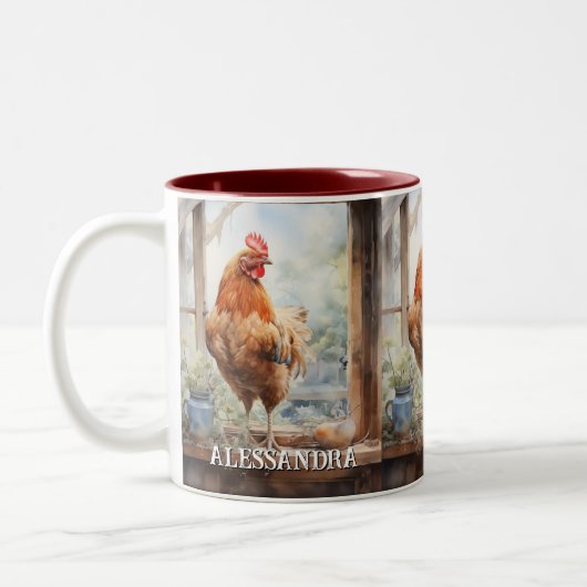 Personalisiertes Bauernhähnchen auf Fensterbank Zweifarbige Tasse (Links)