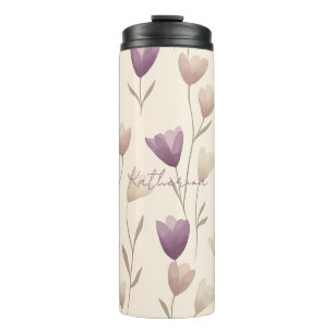 Personalisiertes Beige und Lila Blumenmuster Thermosbecher