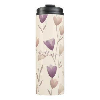 Personalisiertes Beige und Lila Blumenmuster Thermosbecher