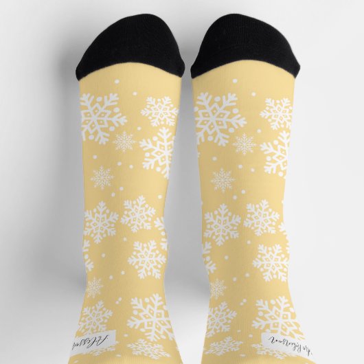 Personalisiertes Beige-weißes Schneeflockenmuster Socken (Oben)