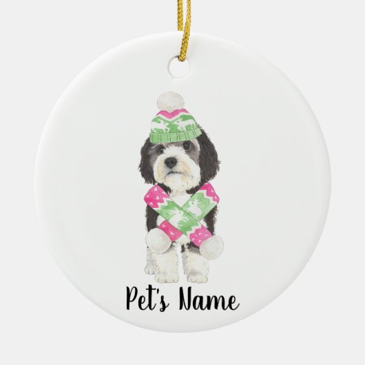 Personalisiertes Bernedoodle Rosa und grüne Weihna Keramik Ornament (Vorne)