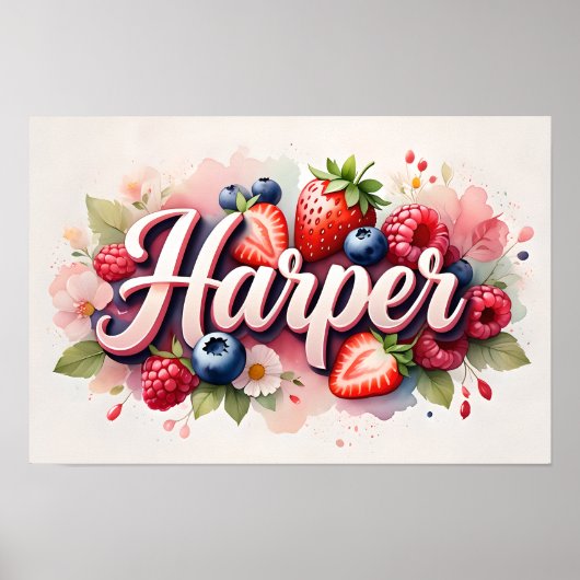Personalisiertes Berry Floral Name Poster "Harper" (Vorne)