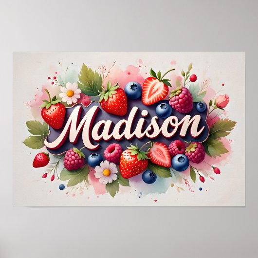 Personalisiertes Berry Floral Name Poster "Madison (Vorne)