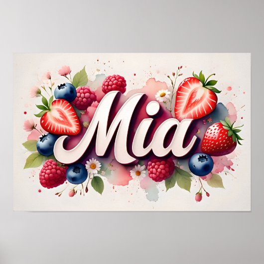 Personalisiertes Berry Floral Name Poster "Mia" (Vorne)