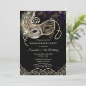 Personalisiertes Black Gold Lila Masquerade Party Einladung (Stehend Vorderseite)