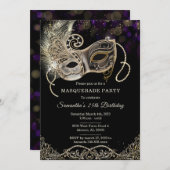 Personalisiertes Black Gold Lila Masquerade Party Einladung (Vorne/Hinten)