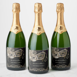 Personalisiertes Black Gold Lila Masquerade Party Schaumweinetikett