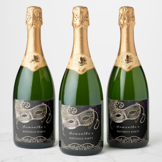 Personalisiertes Black Gold Lila Masquerade Party Schaumweinetikett (Flaschen)