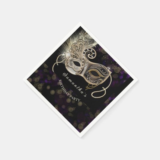 Personalisiertes Black Gold Lila Masquerade Party Serviette (Ecke)