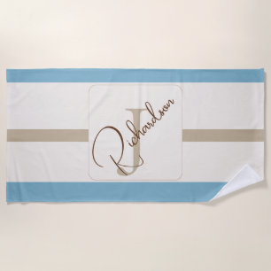 Personalisiertes blau-braun gestreiftes Monogramm  Strandtuch