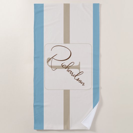Personalisiertes blau-braun gestreiftes Monogramm Strandtuch (Vorderseite)