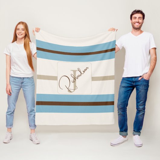 Personalisiertes Blau Braun Streifen Monogramm Küs Fleecedecke (Beispiel)