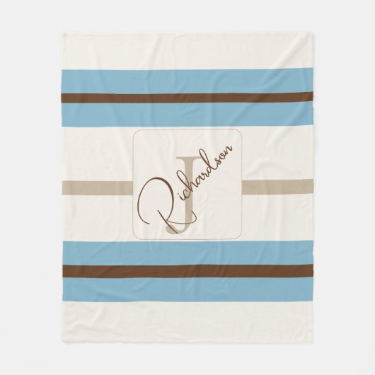 Personalisiertes Blau Braun Streifen Monogramm Küs Fleecedecke (Vorderseite)