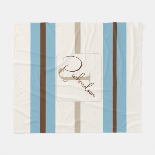 Personalisiertes Blau Braun Streifen Monogramm Küs Fleecedecke (Vorderseite (Horizontal))
