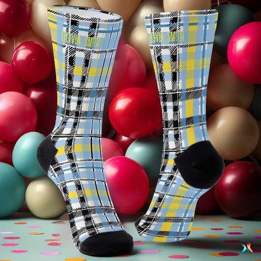 Personalisiertes Blau, Gelb und Schwarzer Tartan Socken