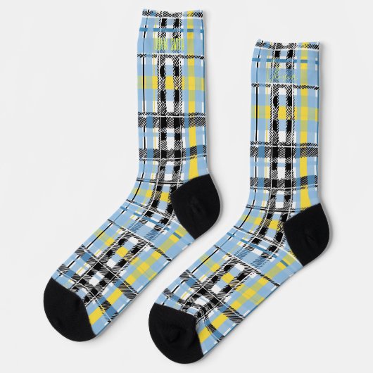 Personalisiertes Blau, Gelb und Schwarzer Tartan Socken (Linkes Detail)