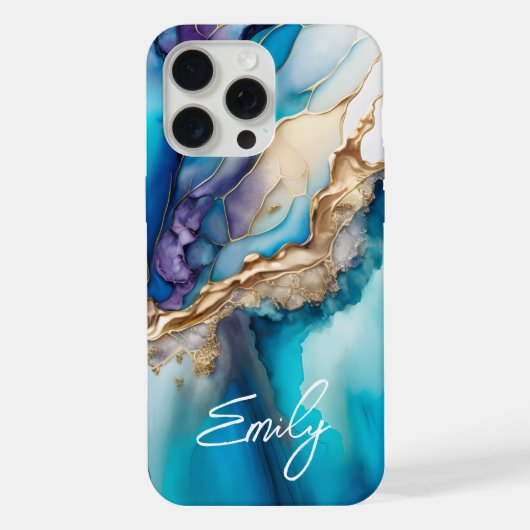 Personalisiertes Blau-Gold-Marmor-Script-Name iPhone Hülle (Rückseite)
