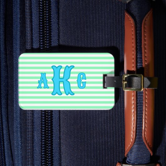 Personalisiertes Blau Grün Preppy Monogramm Gestre Gepäckanhänger (Vorderseite Insitu 4)