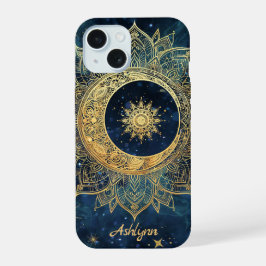 Personalisiertes Blau Himmlisches Gold Sonne Mond  iPhone 15 Hülle