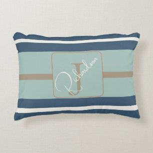 Personalisiertes Blau-Mint-Tan-Streifen-Monogramm- Dekokissen