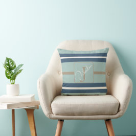 Personalisiertes Blau-Mint-Tan-Streifen-Monogramm- Kissen