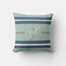 Personalisiertes Blau-Mint-Tan-Streifen-Monogramm- Kissen