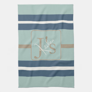 Personalisiertes Blau-Minz-Tan-Streifen-Monogramm- Geschirrtuch