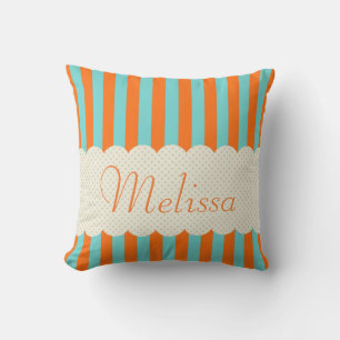 Personalisiertes Blau Orange Streifen Polka Punkte Kissen