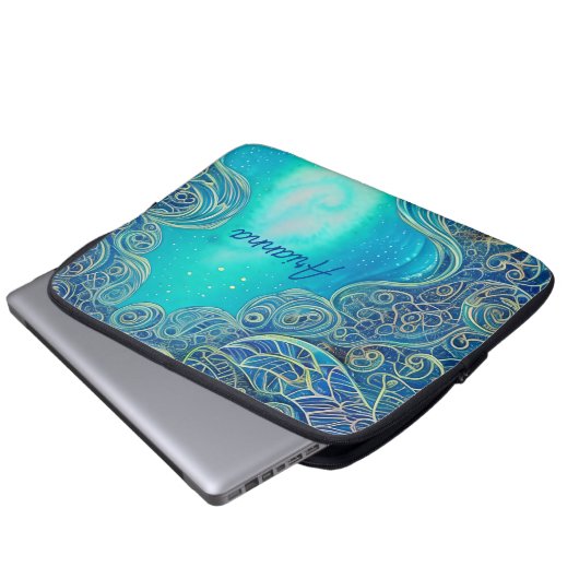 Personalisiertes Blau und Aquamarine Abstrakte Kun Laptopschutzhülle (Vorne Knopf)