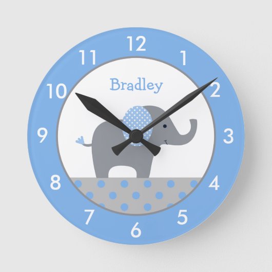 Personalisiertes Blau und Graue Elephant Kinderzim Runde Wanduhr (Vorderseite)