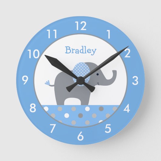 Personalisiertes Blau und Graue Elephant Kinderzim Runde Wanduhr (Vorderseite)